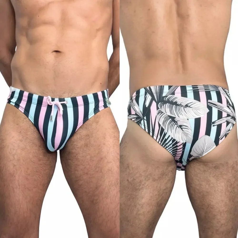 MENS ALONG Black Pink Blue Stripe Grey Floral Print Swim Bikini Brief Speedo S